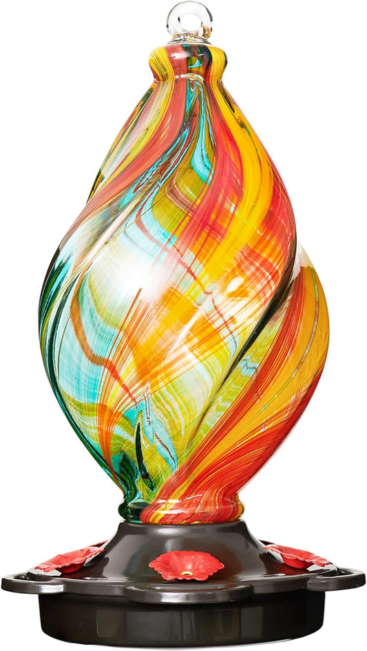 LUJII Ice Cream Shaped Spiral Hummingbird Feeder for Outdoors Hanging, Hand Blown Glass, 28 fl.oz, Leak Proof & Rustproof, Includes an Ant Moat, Unique Garden, Outside & Backyard Decor (Ribbon)