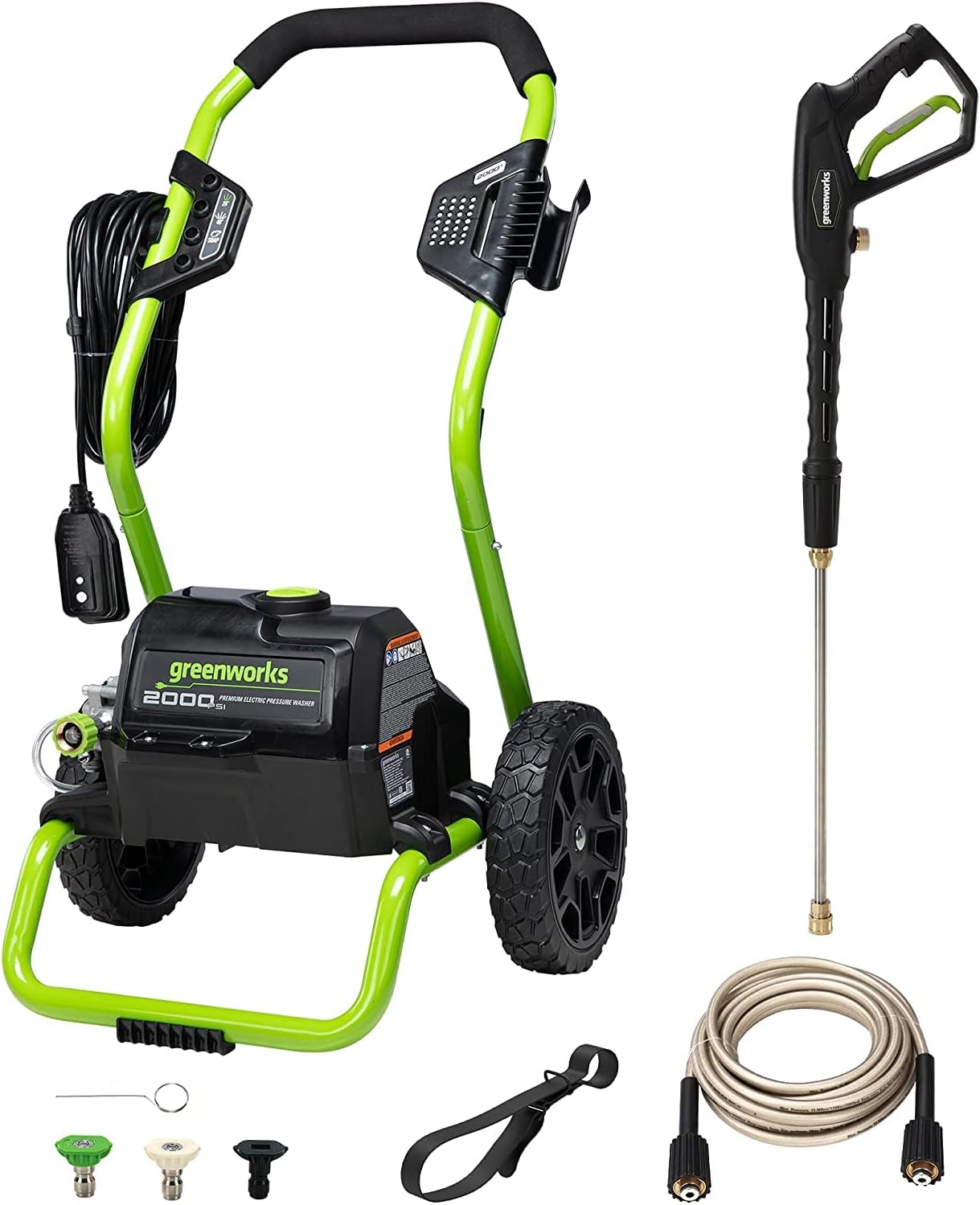 Greenworks 2000 PSI (13 Amp) Electric Pressure Washer (Wheels For Transport / 20 FT Hose / 35 FT Power Cord) Great For Cars, Fences, Patios, Driveways