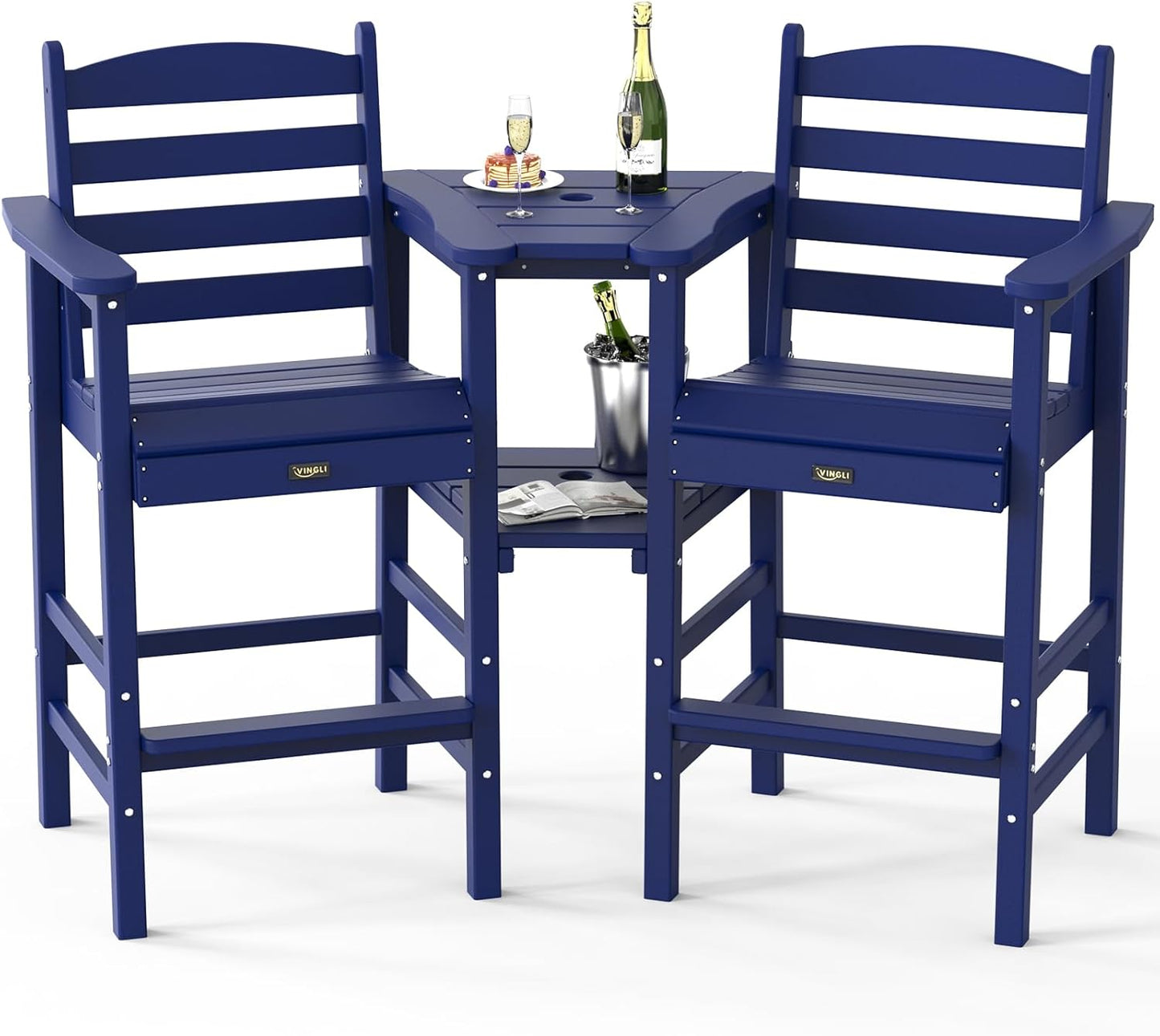 VINGLI Tall Adirondack Chairs Set of 2 with Removable Double Connecting Trays, HDPE Weather Resistance Outdoor Bar Stools Poly Deck Chairs for Patio Pool, 350LBS Capacity (Navy Blue)