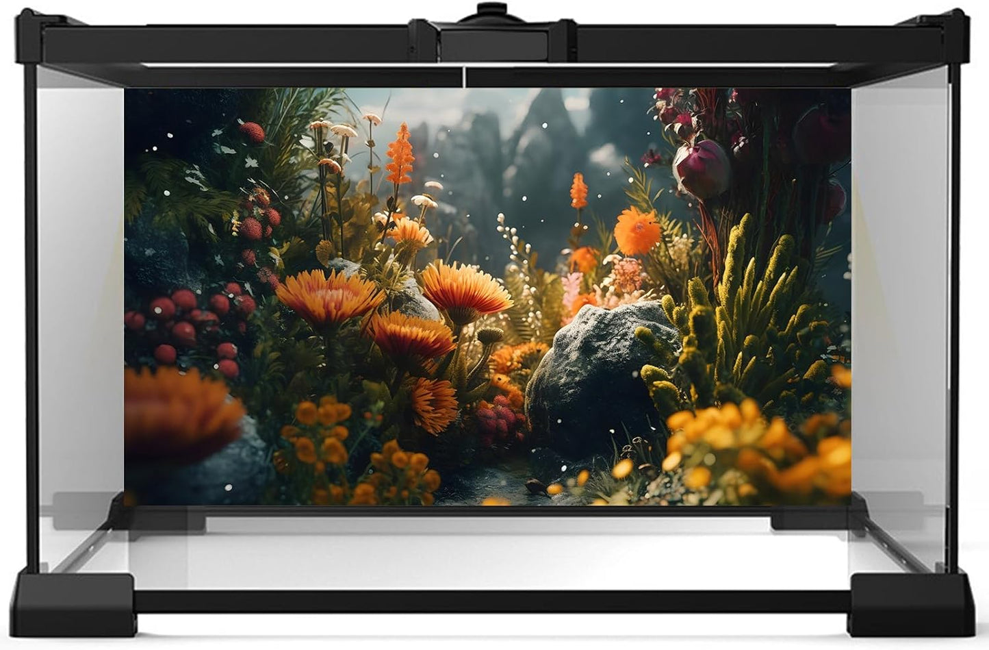 Foggy Stone Terrarium Background Green Seaweed Scenery Orange Floral Aquarium Background Durable Reptile Habitat Flower Background Mysterious Tank Backdrop Vinyl 36x18in