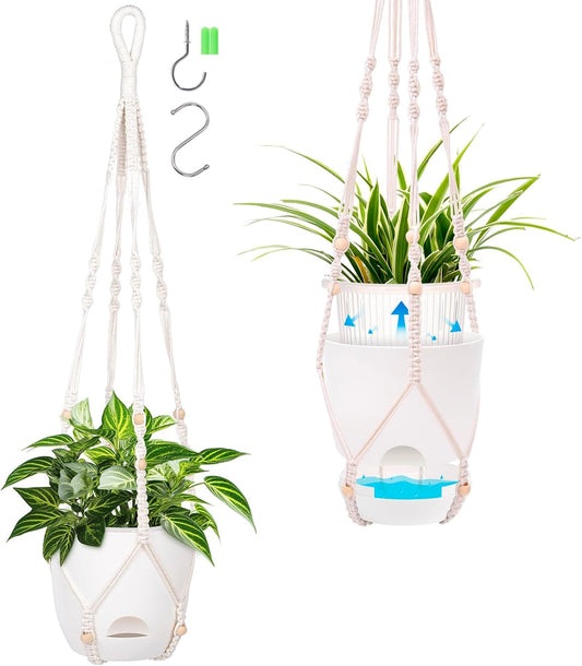 2-Pack 7.1-Inch Self-Watering Hanging Planters for Indoor & Outdoor Plants,34Inch Macrame Hanger Plant Pots Indoor with Drainage,Small Hanging Planters & Baskets,With Two Sets of Hooks（Pure white）