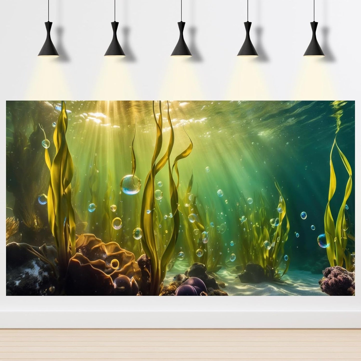 Aquarium Background Underwater Beautiful Coral Reef with Seaweed Bubbles Terrarium Backdrop Aquatic Plants Sunlight Rays Fish Tank Background Tank Aquarium Wallpaper Poster Decor Vinyl 48x20in
