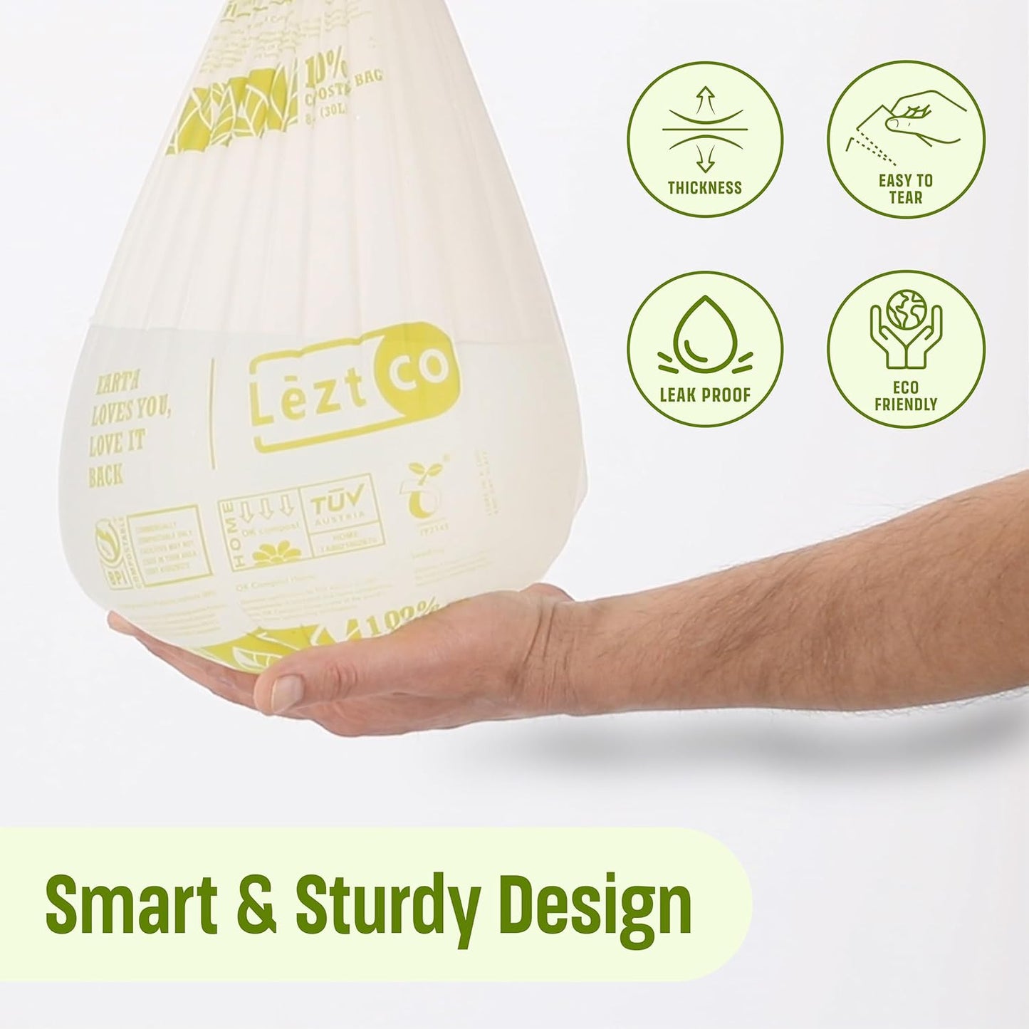 Compostable Garbage Bags | 8 Gallons, 50 Count, 28" x 21.6" | Waste Disposal bags for Kitchen | Plant-Based Starsealed Bags | Indoor & Outdoor | Food Scrap Waste Bags