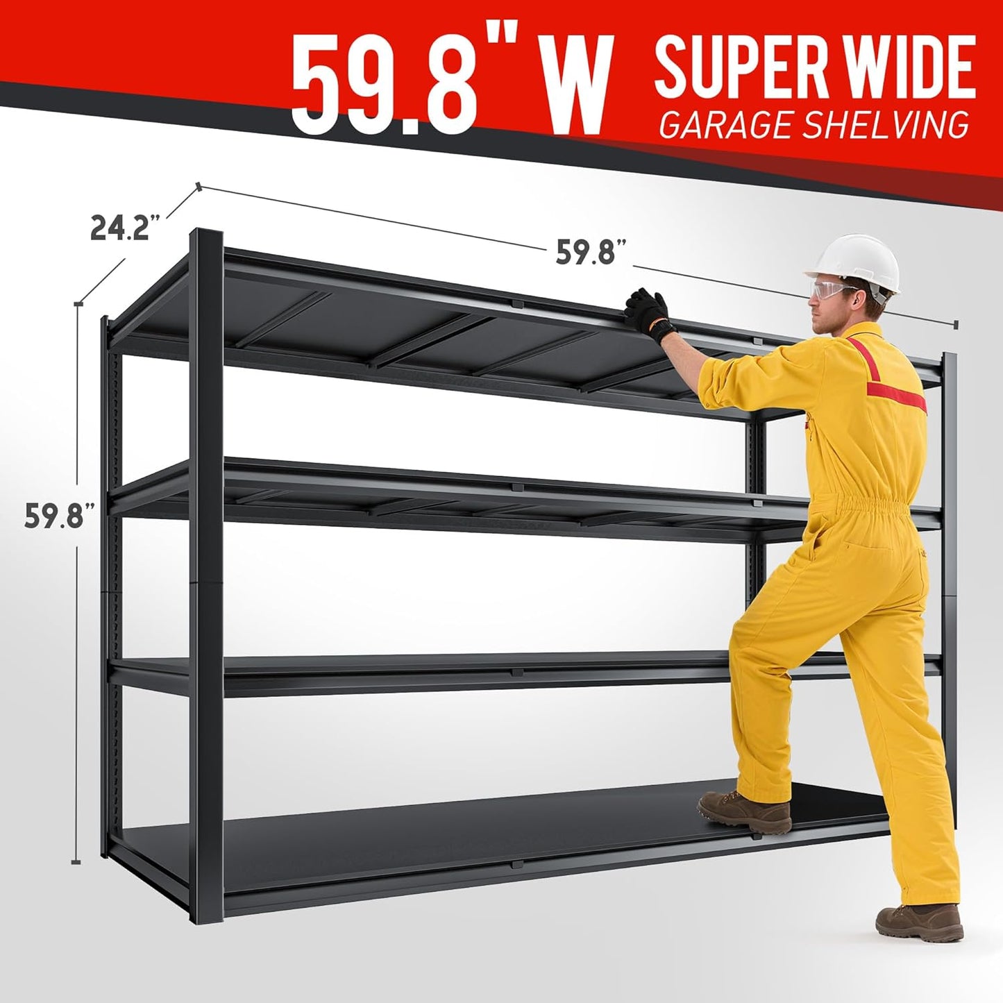 59.8" W x 59.8" H x 24.2" D Storage Shelves Metal Shelving, 2120LBS Garage Shelving Unit with Adjustable Shelf, 4 Tier Storage Rack for Garage, Pantry, Warehouse, Basement, Black