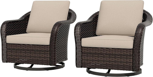 Outdoor Wicker Swivel Chair Set of 2, All-Weather Use Patio Rattan Chair with Seat and Back Cushion, Ideal for Porch, Backyard, Balcony, Poolside, Beige