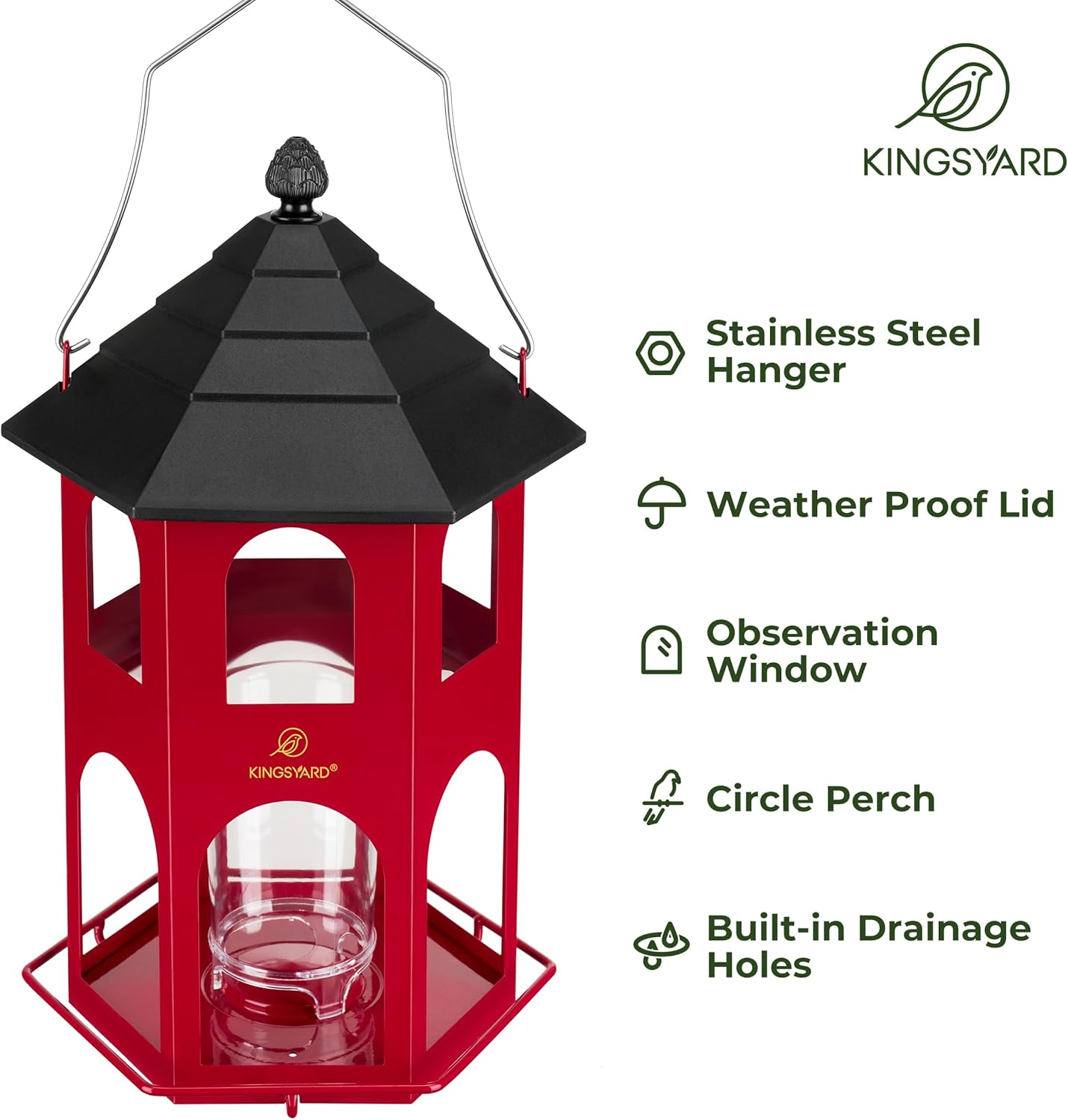 Kingsyard Metal Bird Feeder for Outdoor Hanging, Wild Bird Feeders with Circular Perch, Easy to Clean & Refill, 4 lbs Large Seed Capacity, Red