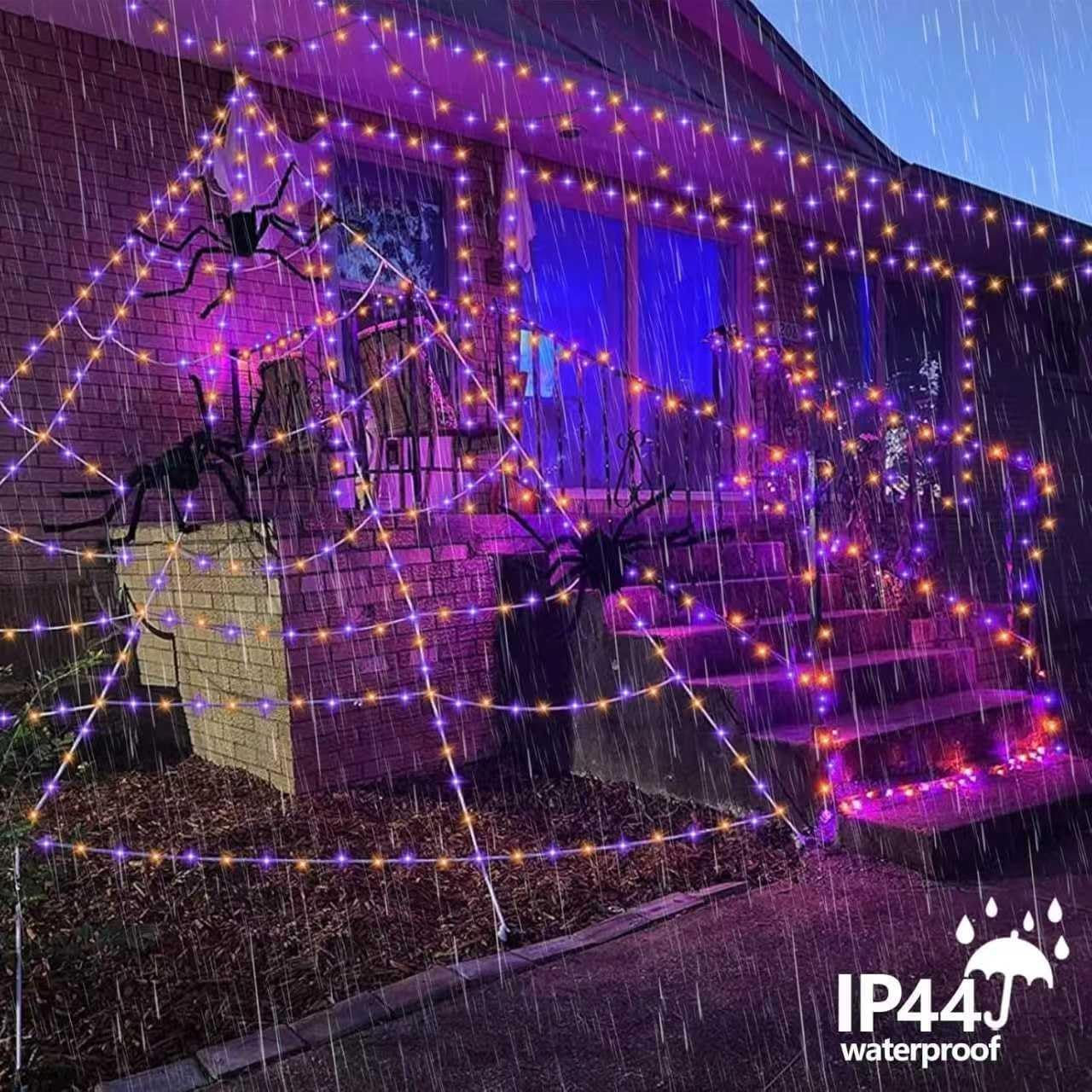 YEGUO Orange and Purple Halloween Lights Outdoor Waterproof, 4 Packs Each 33ft 100 LED Solar Fairy Light,8 Modes Black Wire String Lights