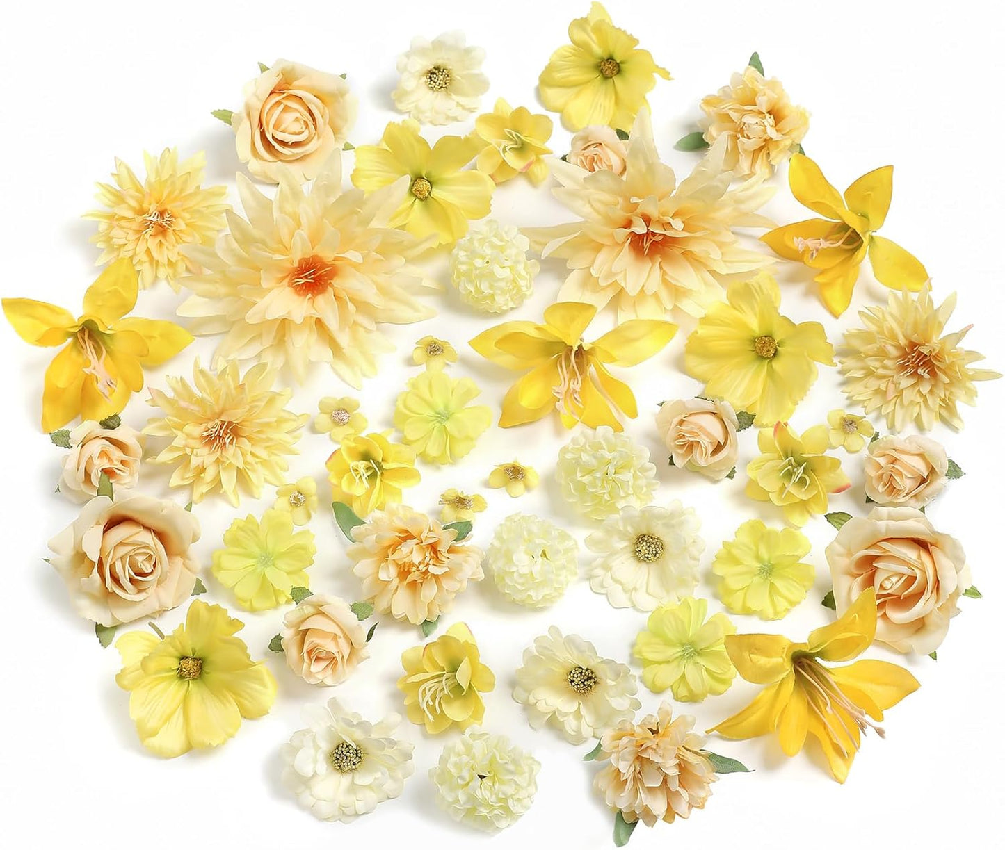 YYHUAWU Fake Flower Heads Mini Yellow Artificial Flower Faux Dahlia Rose Flowers Multicolor Silk Daisy Flower Heads for Craft Garland Wedding Bridal Baby Shower Home Party Decoration DIY Cake Decor