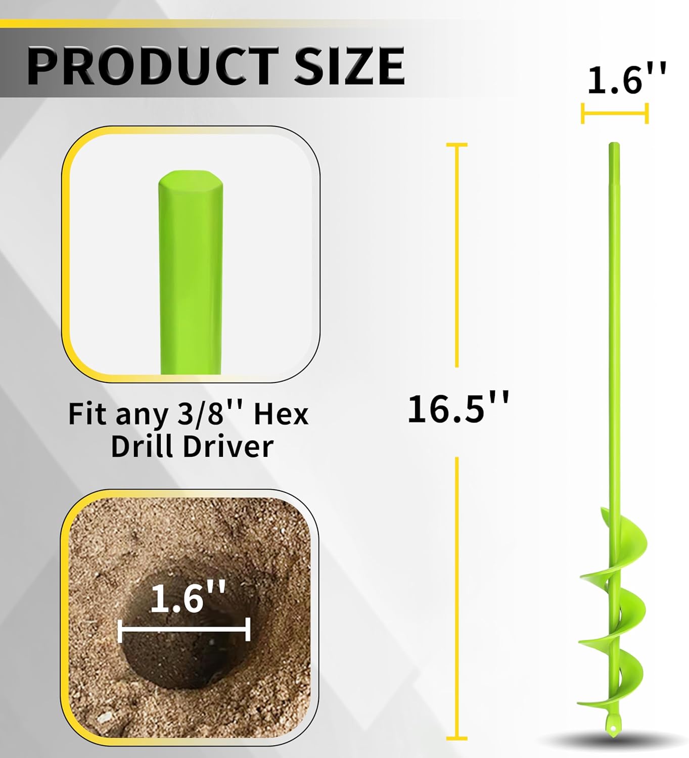 Auger Drill Bit for Planting 1.6"x16.5" Garden Spiral Drill Bit,Heavy-Duty Bulb Auger, Post Hole Digger for 3/8” Hex Driver Drill Solid Shaft