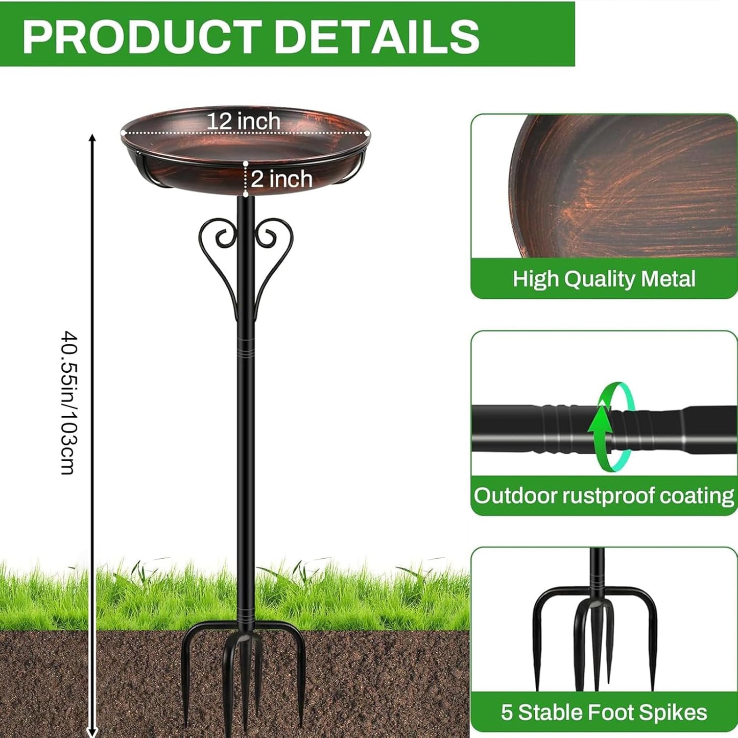 Metal Bird Bath for Outside, Vintage Freestanding Birdbaths with Metal Stake, Upgraded 5 Pronged Base Birdfeeder Feeder Bowl for Outdoors Garden Patio Yard Lawn Decor (Vintage Bronze)