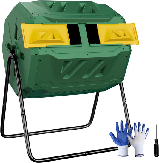 F2C Compost Bin Outdoor Dual Chamber Tumbling Composter 43 Gallon BPA Free Large Tumbler Composters Tumbling or Rotating w/Sliding Doors & Solid Steel Frame Garden Yard Black