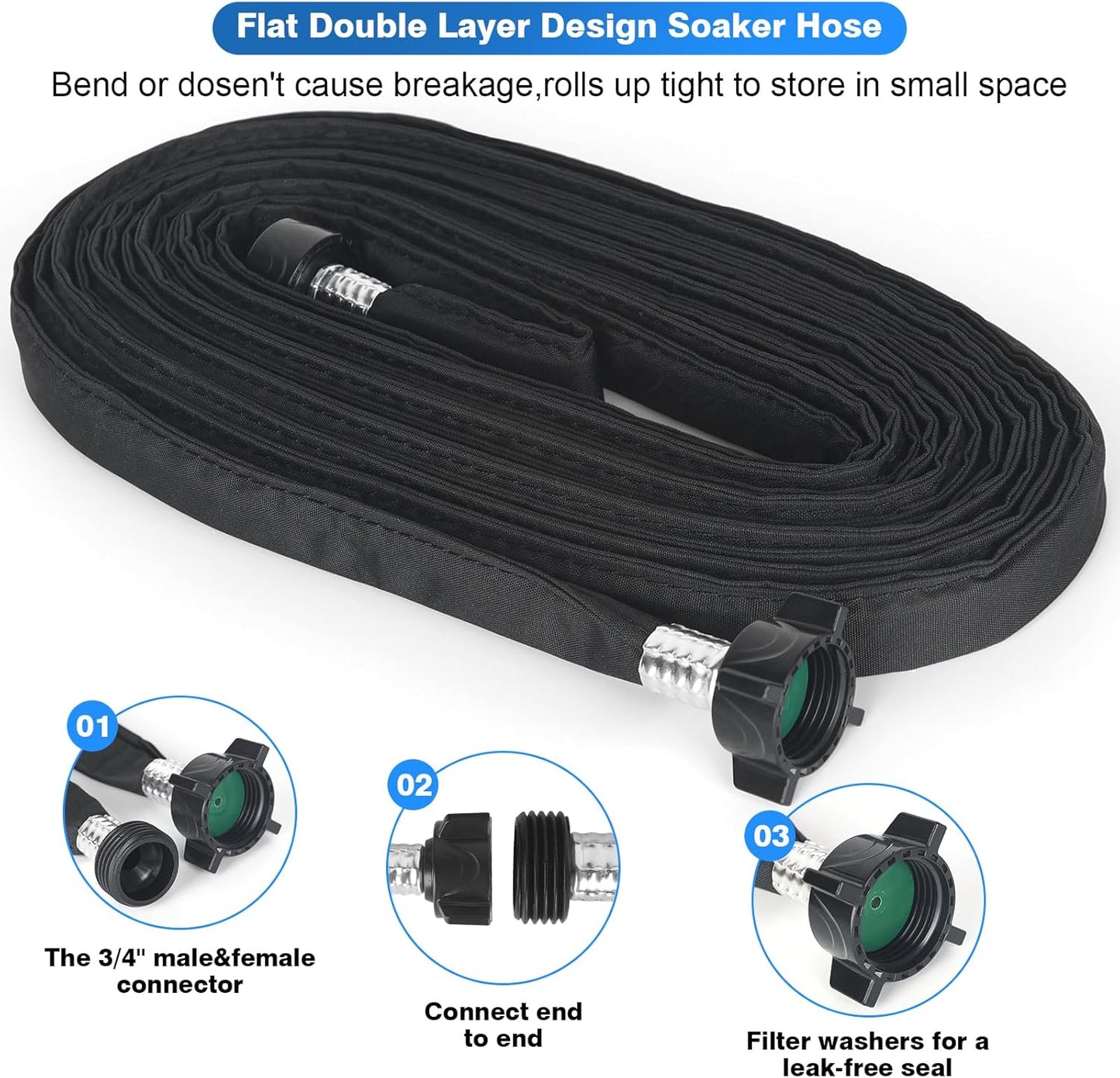 Flat Soaker Hose 50FT (25FT x 2),Drip Hose for Garden Beds Linkable Irrigation System Lightweight and Easy Watering for Tree Plant and Save 80% Water for You(50FT)