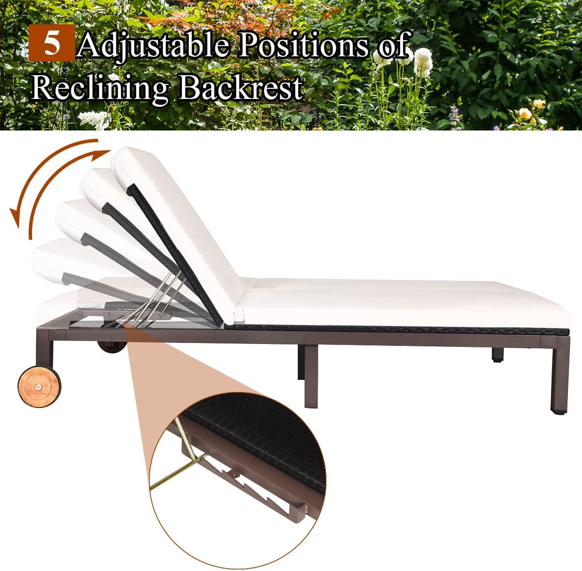 Tangkula 2-Person Patio Lounge Chair, Outdoor Rattan Double Wicker Daybed Chaise with Adjustable Backrest Wheels & Cushion, Loveseat Sofa for Garden Lawn Backyard (Cream)