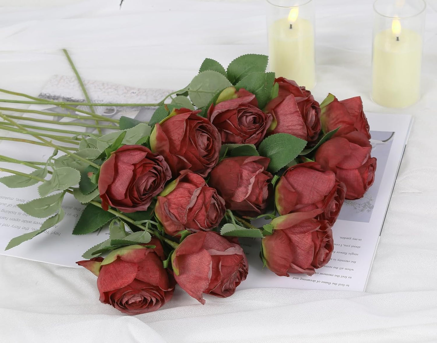 12 pcs Roses Artificial Flowers Vintage Red Burnt Edge Rose 20" Realistic Silk Roses Bouquet with Long Stem for Wedding Party Floral Centerpieces Decoration (Vintage Red)