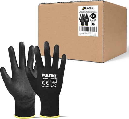DULFINE Ultra-Thin PU Coated Work Gloves-60 Pairs,Excellent Grip,Nylon Shell Black Polyurethane Coated Safety Work Gloves, Knit Wrist Cuff,Ideal for Light Duty Work. (Large)