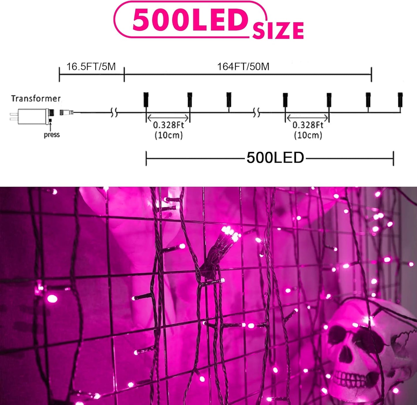 weillsnow Pink Halloween Lights Outdoor, 164 FT 500 LED String Lights Plug in, 8 Modes Waterproof Fairy Lights for Valentines Day, Halloween, Party, Wedding, Bedroom, Garden Decorations