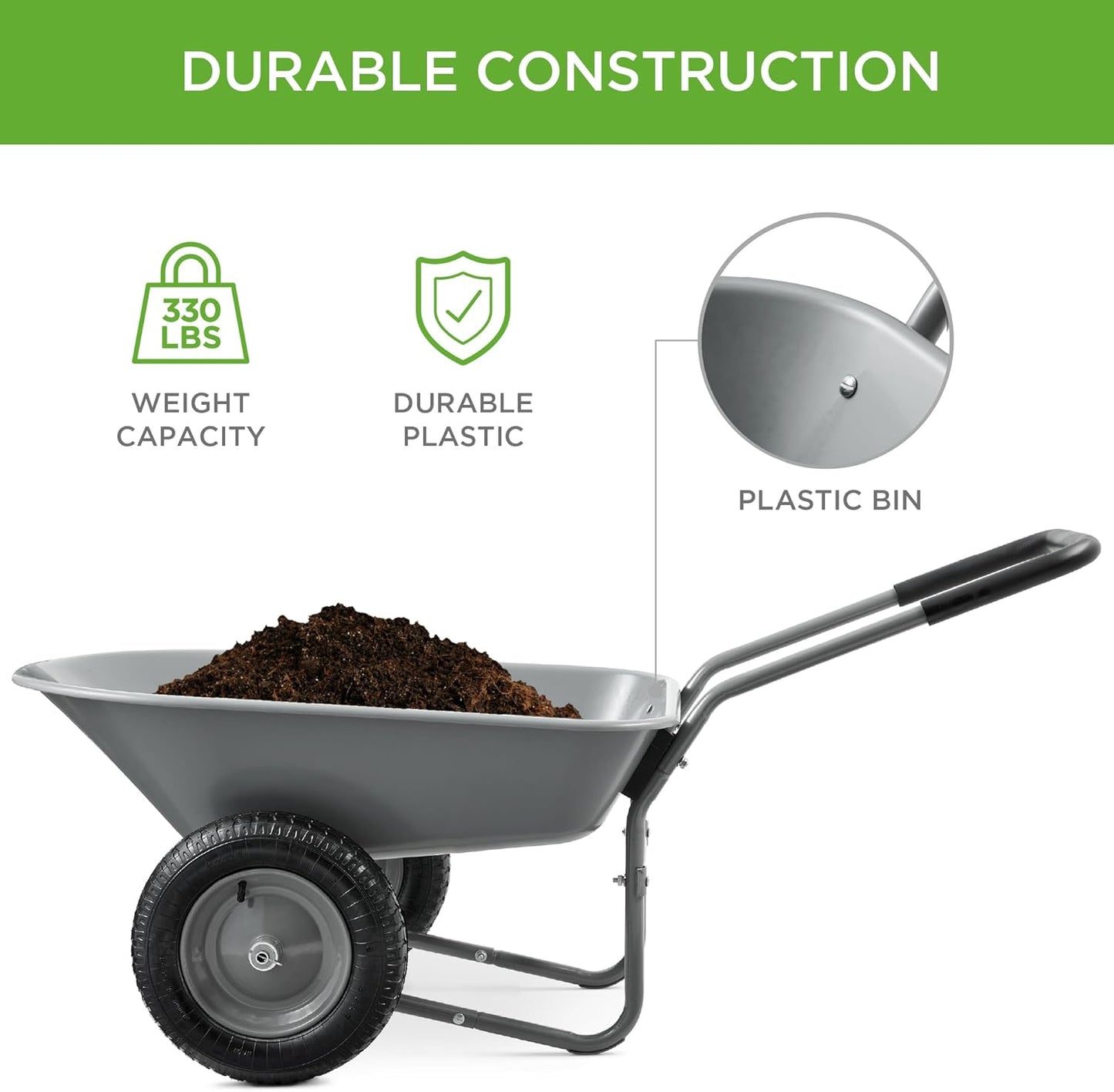 Best Choice Products Dual-Wheel Home Utility Yard Wheelbarrow Garden Cart w/Built-in Stand for Lawn, Gardening, Construction - Gray