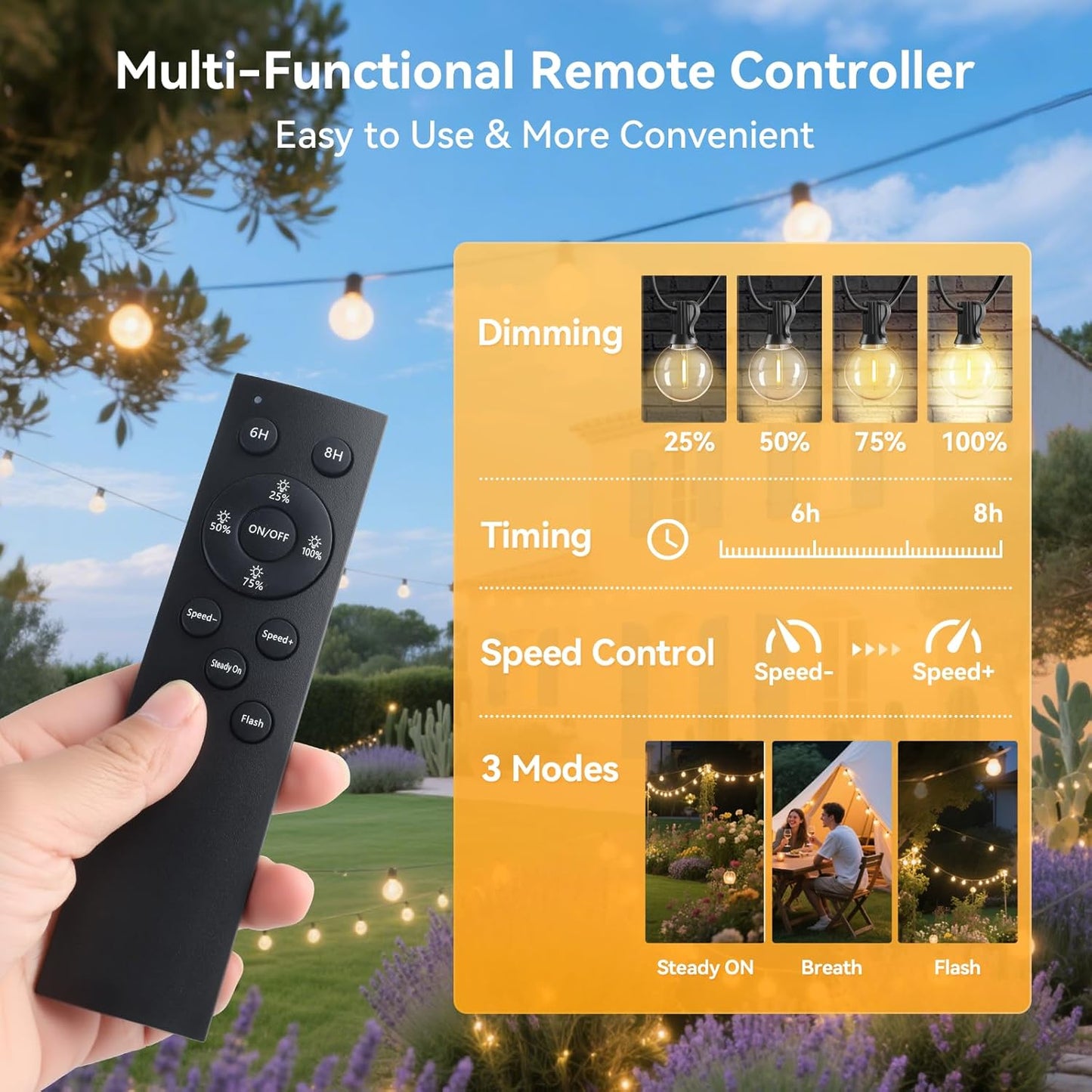 HJQ 60FT Solar String Lights Outdoor Waterproof, Patio Lights Solar Powered with Remote & USB Port, 20+1 LED Shatterproof Bulbs, 3 Light Modes, Dimmable Solar Hanging Lighting for Camping Yard Garden