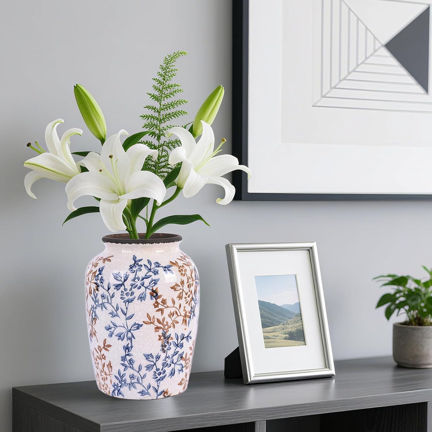 Vintage Vase for Flowers,Blue Chinoiserie Ceramic Vase,Rustic Farmhouse Cracked Vases,for Flower Arrangement,Living Room, Office, Shelf, Fireplace Tables,Centerpieces,Chinoiserie Pottery Decor(C)