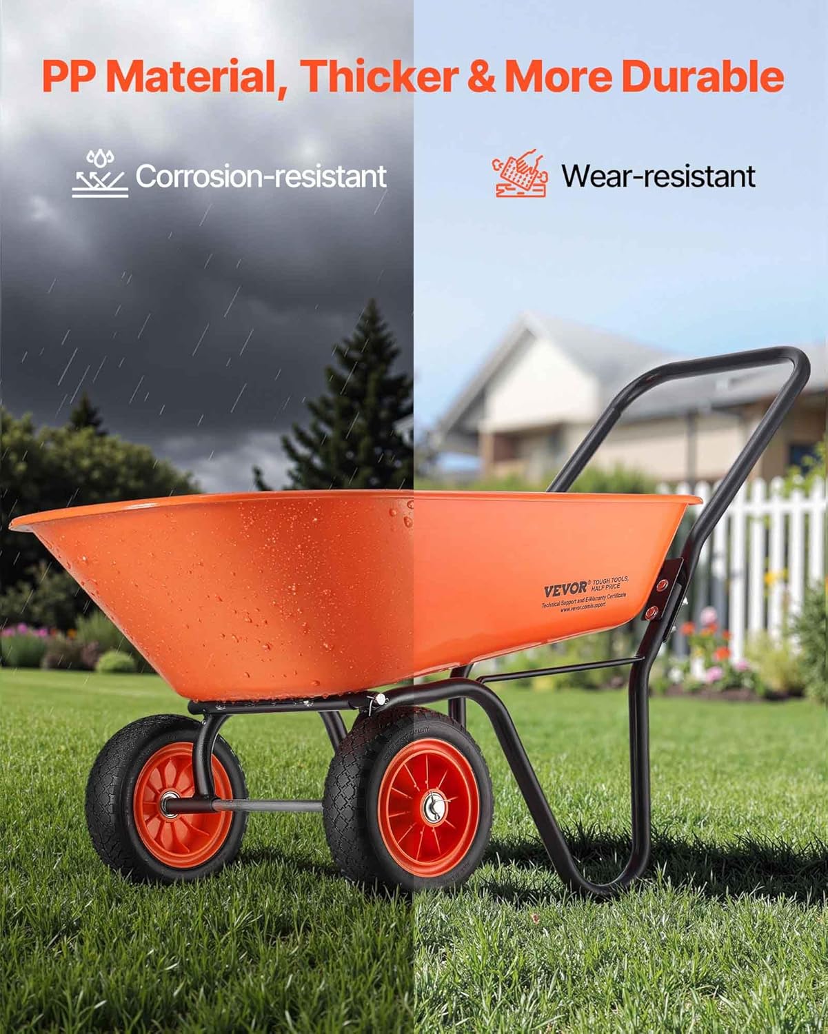 VEVOR Wheelbarrow Cart, 5 Cu. Ft. Load & 397 lbs Capacity, 2 Wheels Garden Dump Cart, Garden Wagon with Handle & 10" Wide Track Wheels, Easy Loading Utility Yard Cart & Wagons for Outdoor Lawn Yard