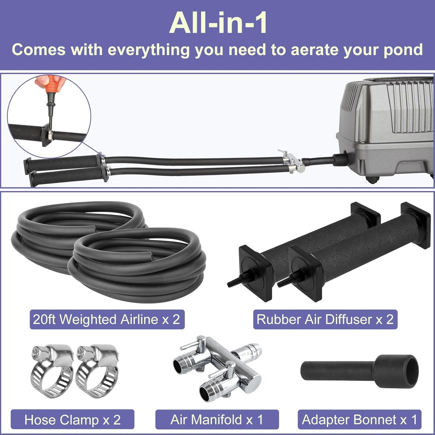 AquaMiracle Koi Pond Aerator Pond Air Pump with Self-Sinking Airline Rubber Air Diffuser, Air Flow Control Pond Deicer All-in-One Pond Aeration Kit for Outdoor Pond 5,000-10,000 Gallons