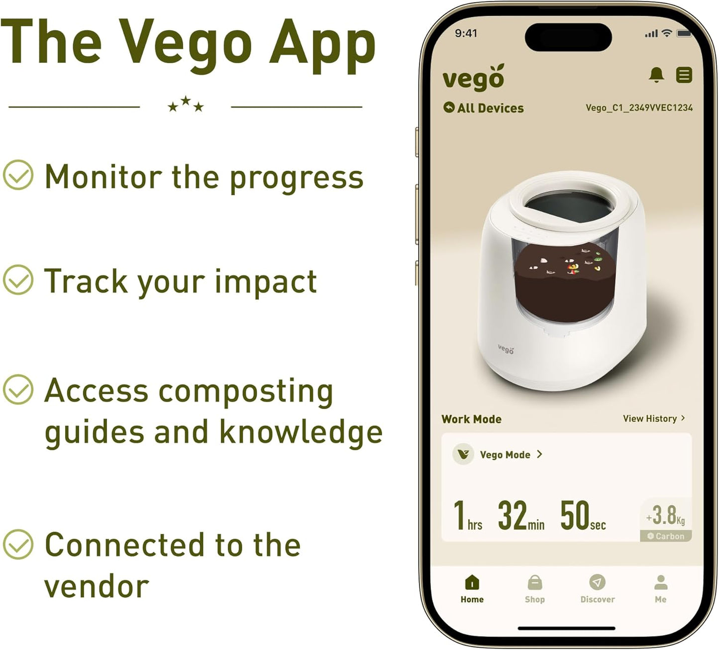 Vego Kitchen Composter, 4L Electric Composter Countertop 5 Modes Weight-Based Smart Compost Bin with App Odorless Auto-Cleaning Food Waste Compost Machine Indoor, Black