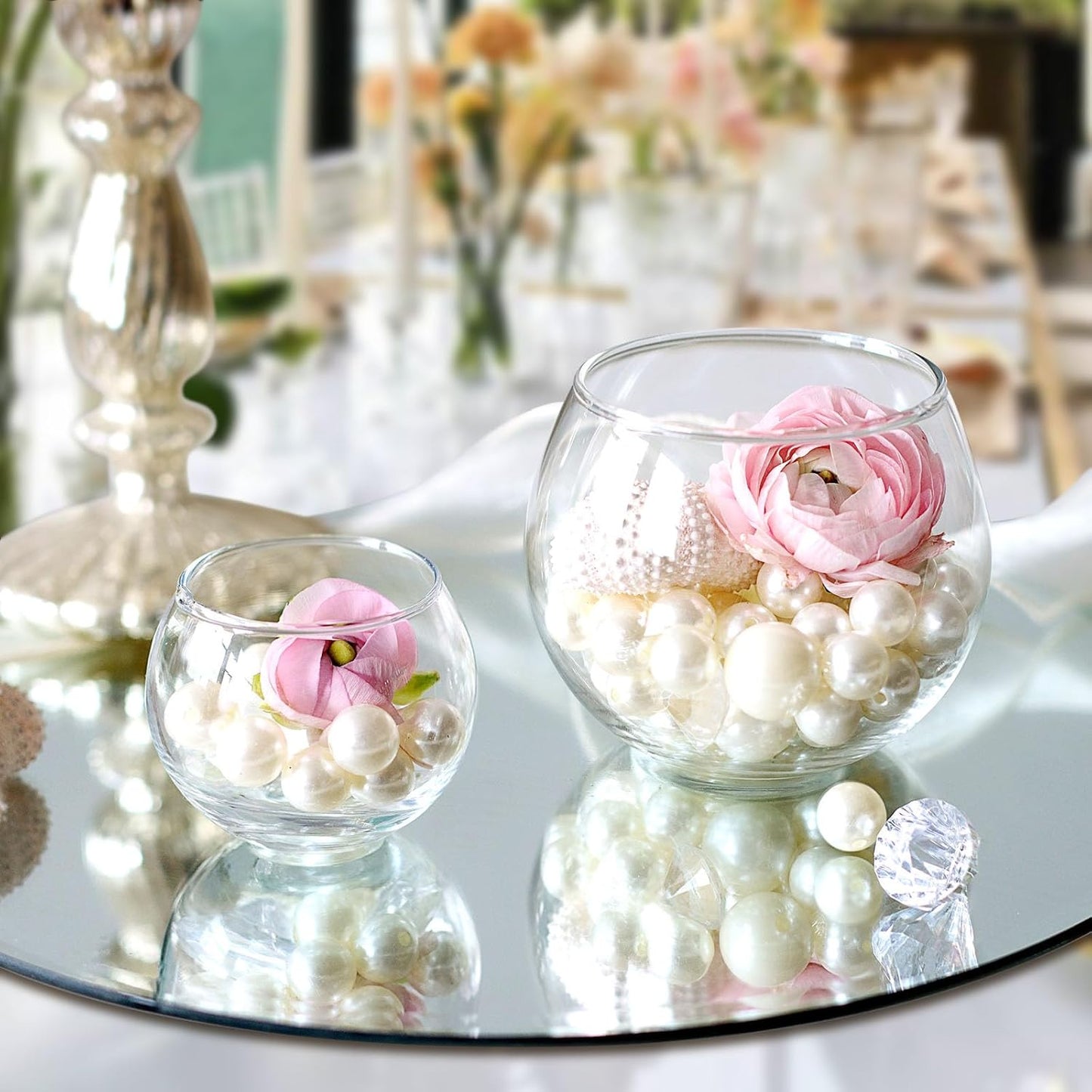 24 Pack Glass Bubble Vases,Small flower bud vases bulk,4"W x3"H Set of 12 Pcs Clear Bowl Vase,2.6"W x2.2"H Set of 12 Pcs Round Candle Holders,Mini Globe Vase Centerpiece for Wedding Party,Home Decor