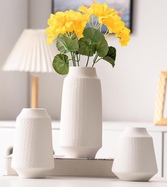 Ceramic Vase Set of 3, Modern Multicolor Pattern Flower Vases for Home Decor, Office, Centerpieces, Boho Farmhouse Style (White)