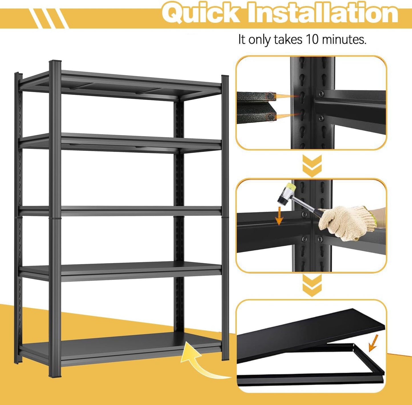 Garage Shelving Metal Storage Shelves 5-Tier Shelving Units Adjustable Storage Shelves Heavy Duty for Basement, Commercial, Warehouse, Industrial, Black