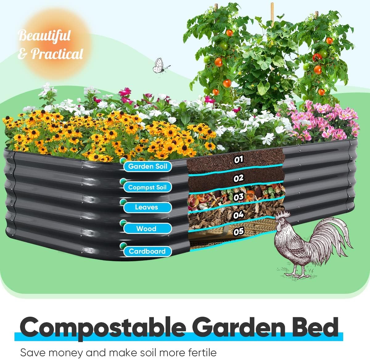Quictent Galvanized Raised Garden Bed Kit, 8x4x1.5 ft Oval Metal Planter Box Tall for Vegetables Outdoor Backyard, Rubber Strip Edging Included (Dark Gray)