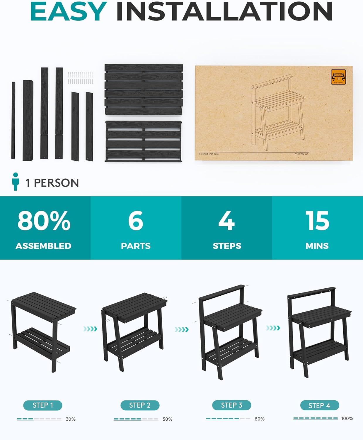 SERWALL Potting Bench Outdoor with Storage, 3-Tier HDPE Gardening Table with Angled Legs & Tool Hooks, All-Weather Heavy Duty Potting Table for Patio, Backyard, Garden, Black