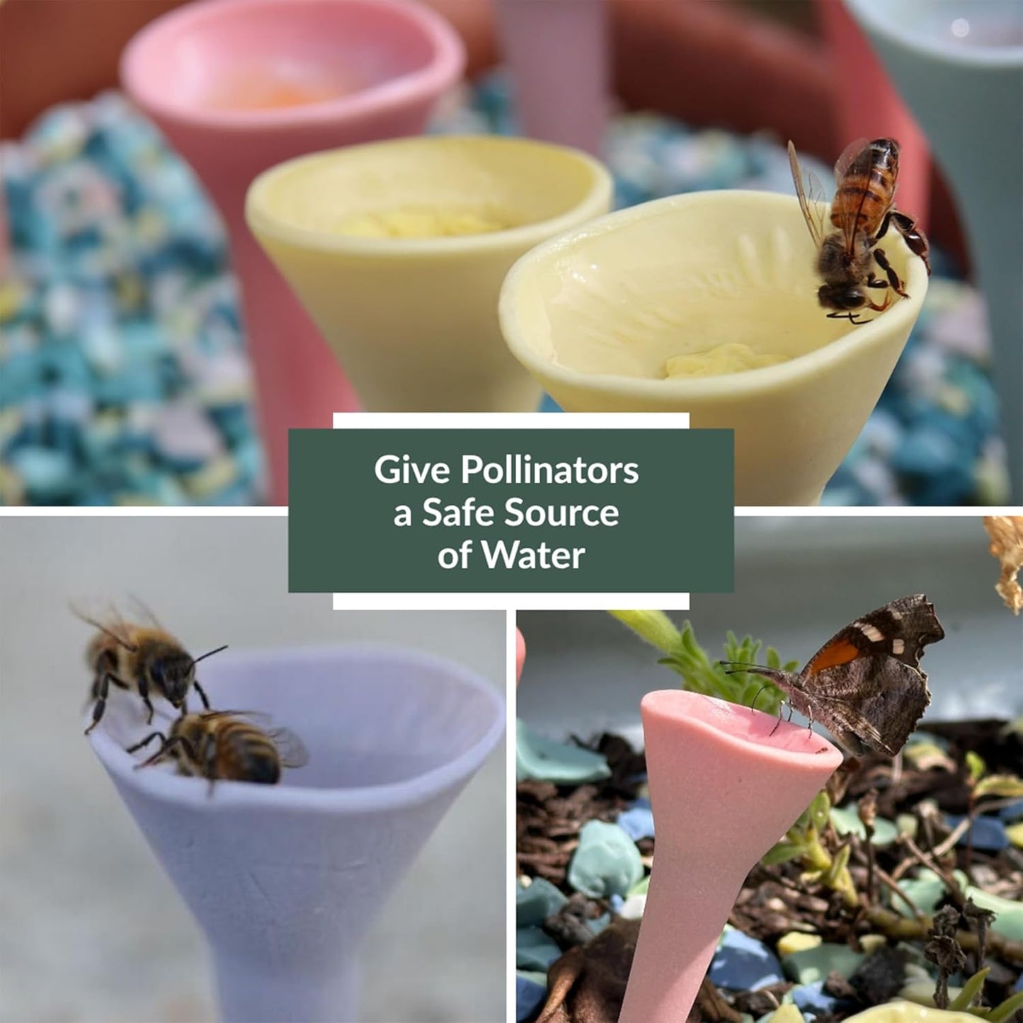 3 Pack, Bee Watering Station, Butterfly Feeder, Bee Feeder, Garden Decor, Bee Decor, Outdoor Garden Decor, Plastic Free, Handmade from Porcelain (3, Bold Variety)