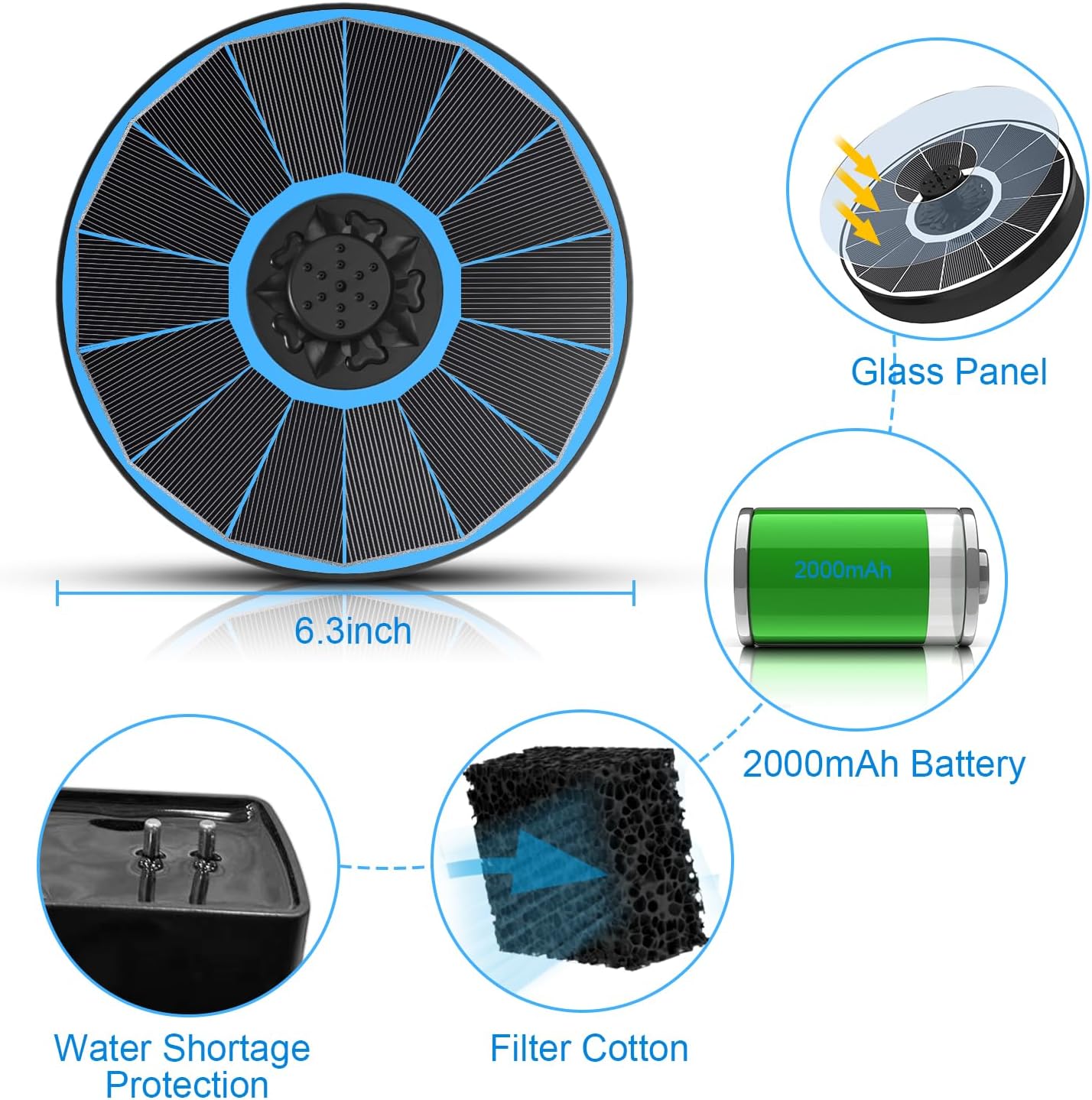 Solar Water Fountain with 2000 mAh Battery Backup Works in Cloudy, 3.5 W Glass Small Solar Fountain Pump with 7 Nozzles, Bird Bath Fountains Solar Power for Bird Bath, Hummingbird,Pond, Garden