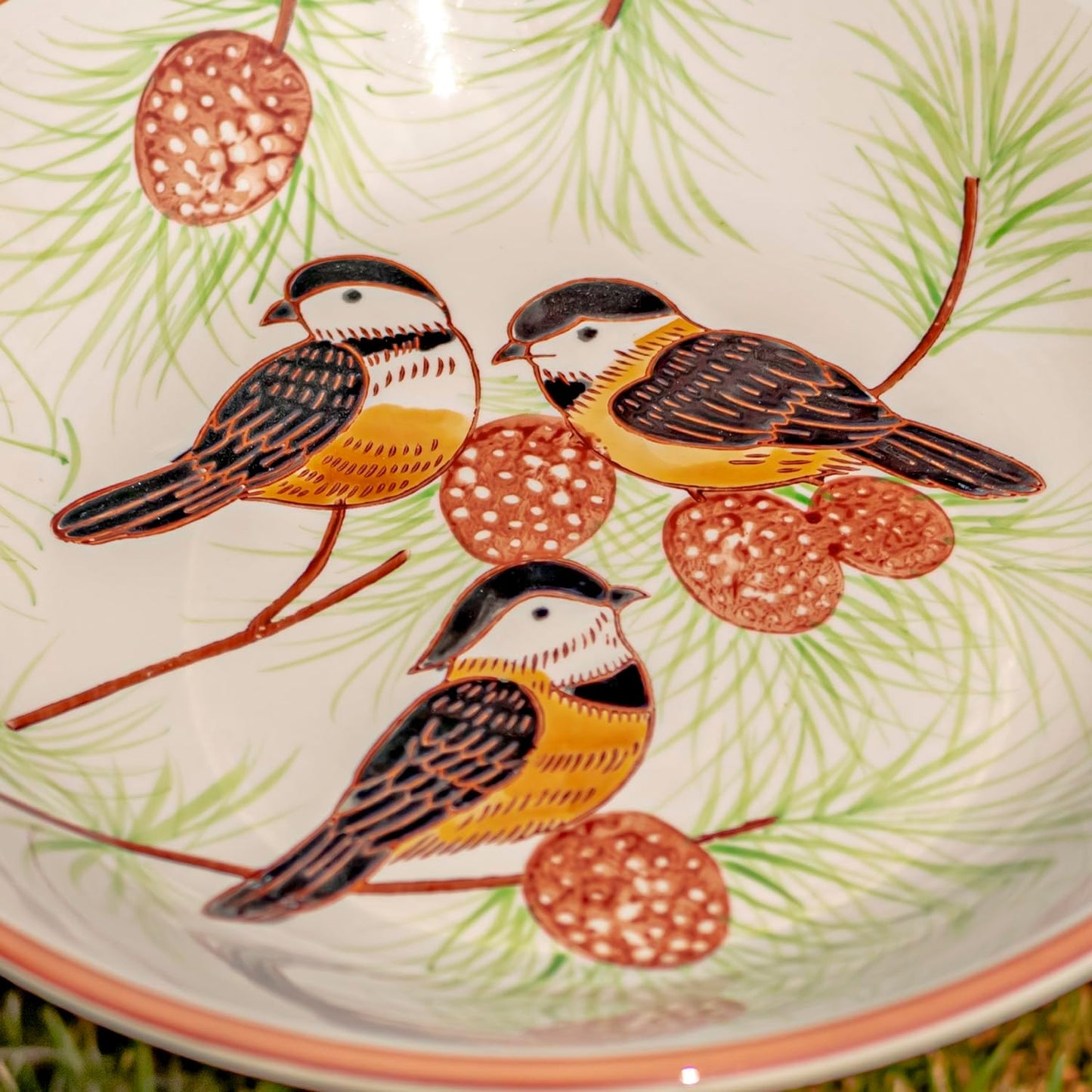 Zaer Ltd. Porcelain Birdbath with Hand Painted Details (15" Tall, Finch Birds & Pine Tree)