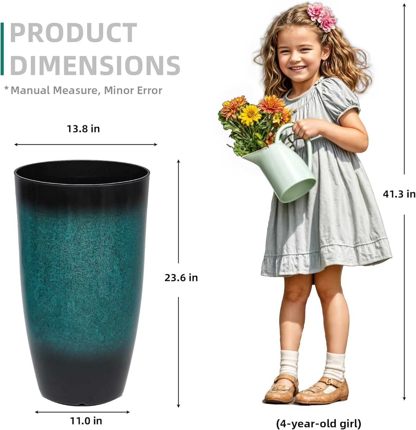 Tall Outdoor Planters, Set of 2 Large Flower Pots for Outdoor Plants, with Gradient Turquoise Finish, Weather-Resistant for Porch, Garden, Patio