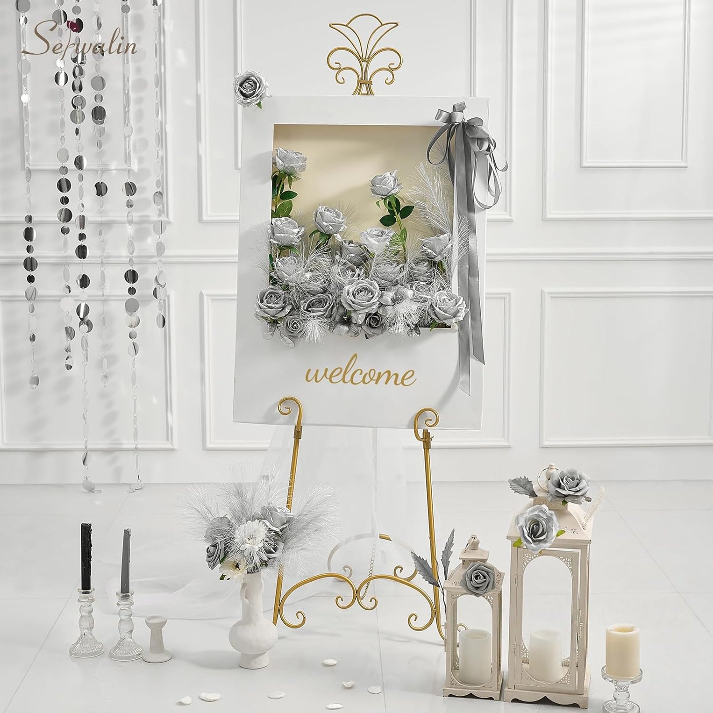 Serwalin 20pcs Artificial Silver Roses, 4'' Big Flower Head, Fake Roses Real Touch, Silk Roses Long Stems Realistic Bouquet for Wedding Parties Table Centerpiece and Home Decor