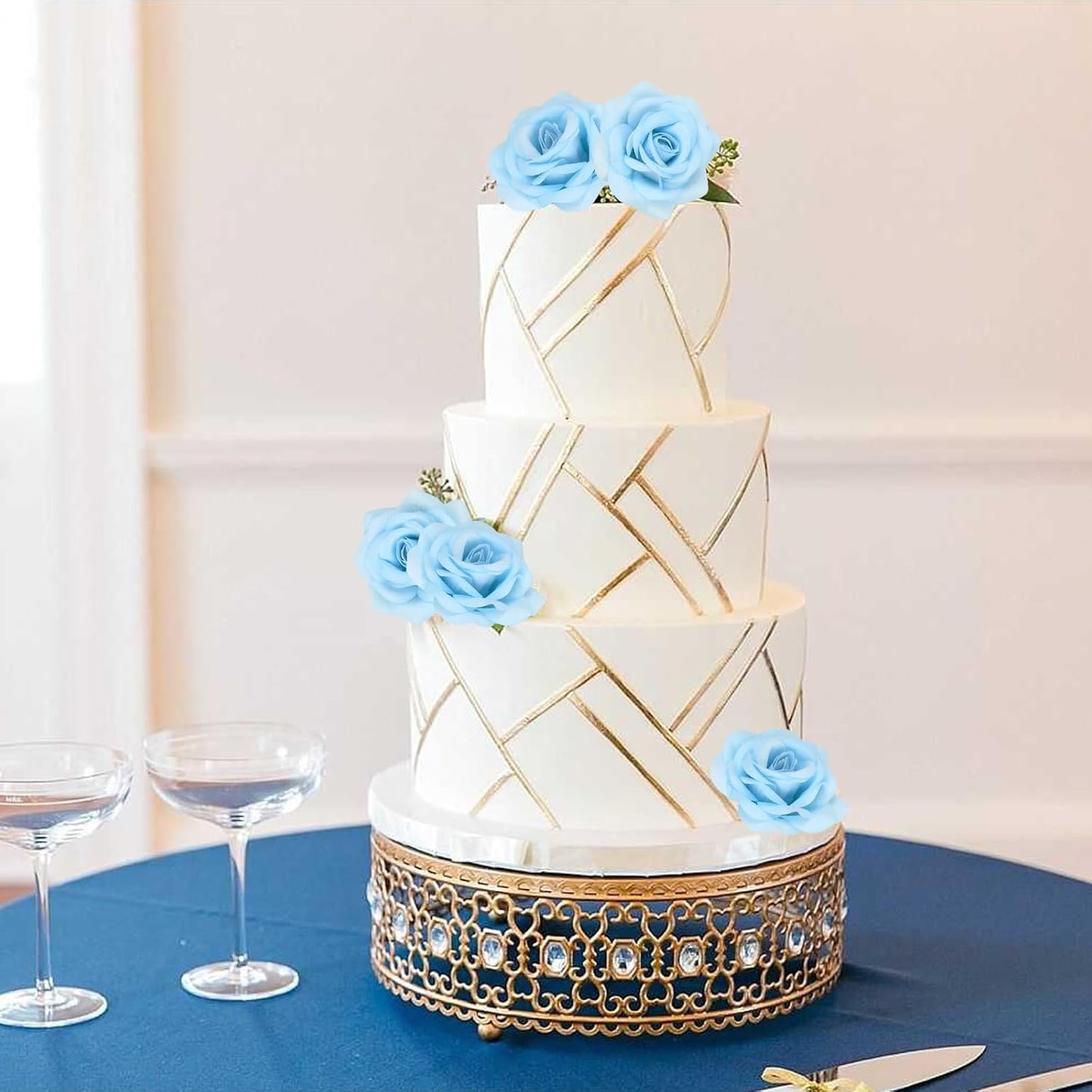 25PCS Artificial Rose Flower Heads Light Blue Rose Flower with Stem Velvet Rose Flowers Heads Bulk for DIY Wedding Home Party Baby Shower Decor(Light Blue)