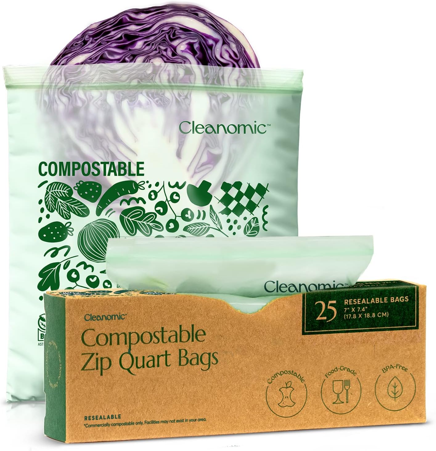 Cleanomic Compostable* Quart Size Food Storage Bags (25 Eco Zip) Freezer and Leak Proof, Also Available Gallon, Snack and Sandwich Size Bags