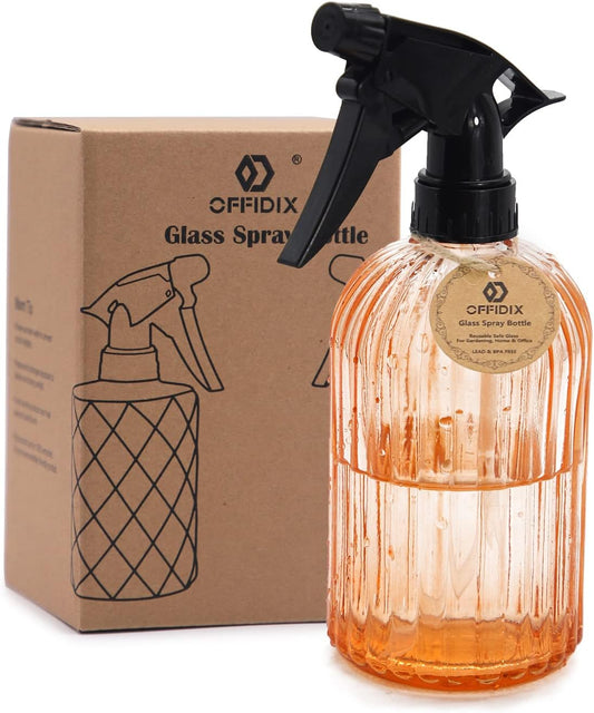 OFFIDIX Glass Watering Can, Handheld Spray Bottles, 0.4L/13.5oz Watering Spray Bottle with Adjustable Nozzle for for Indoor and Outdoor Gardening and Home Cleaning (Orange)
