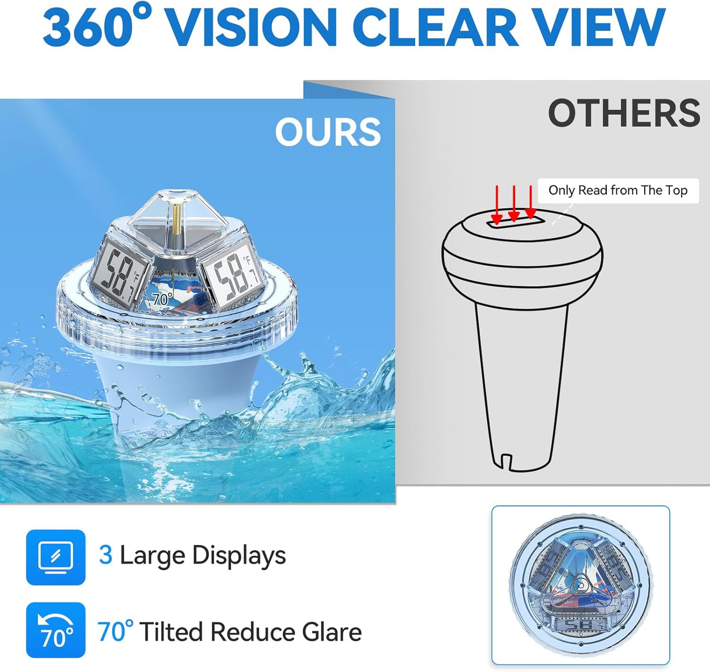 RAINPOINT Anti-Fog 360° Reading 3 Large Letters Displays Wireless Digital Pool Thermometer Floating,Dual-Layer IP68 Waterproofing Remote Temperature Monitor Easy Read Hot Tub SPA Inflatable Pool-Blue