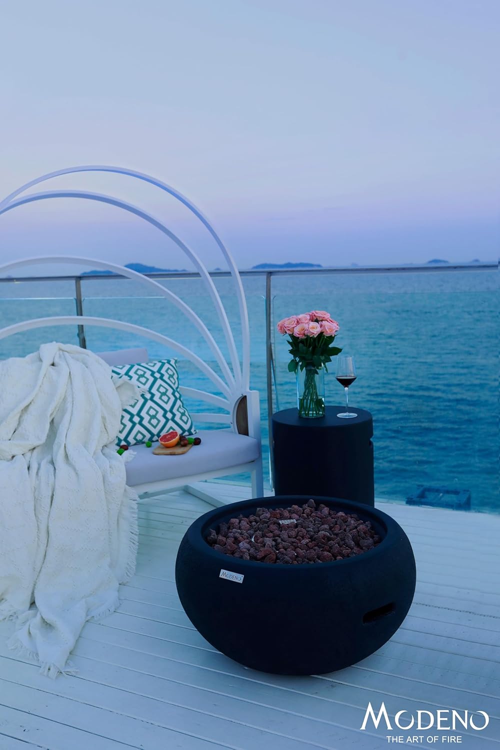 AMS Fireplace | Modeno York Package | Black Natural Gas Fire Pit Table for Outside Patio Bundle with SS Burner Lid | Free Ice Bucket