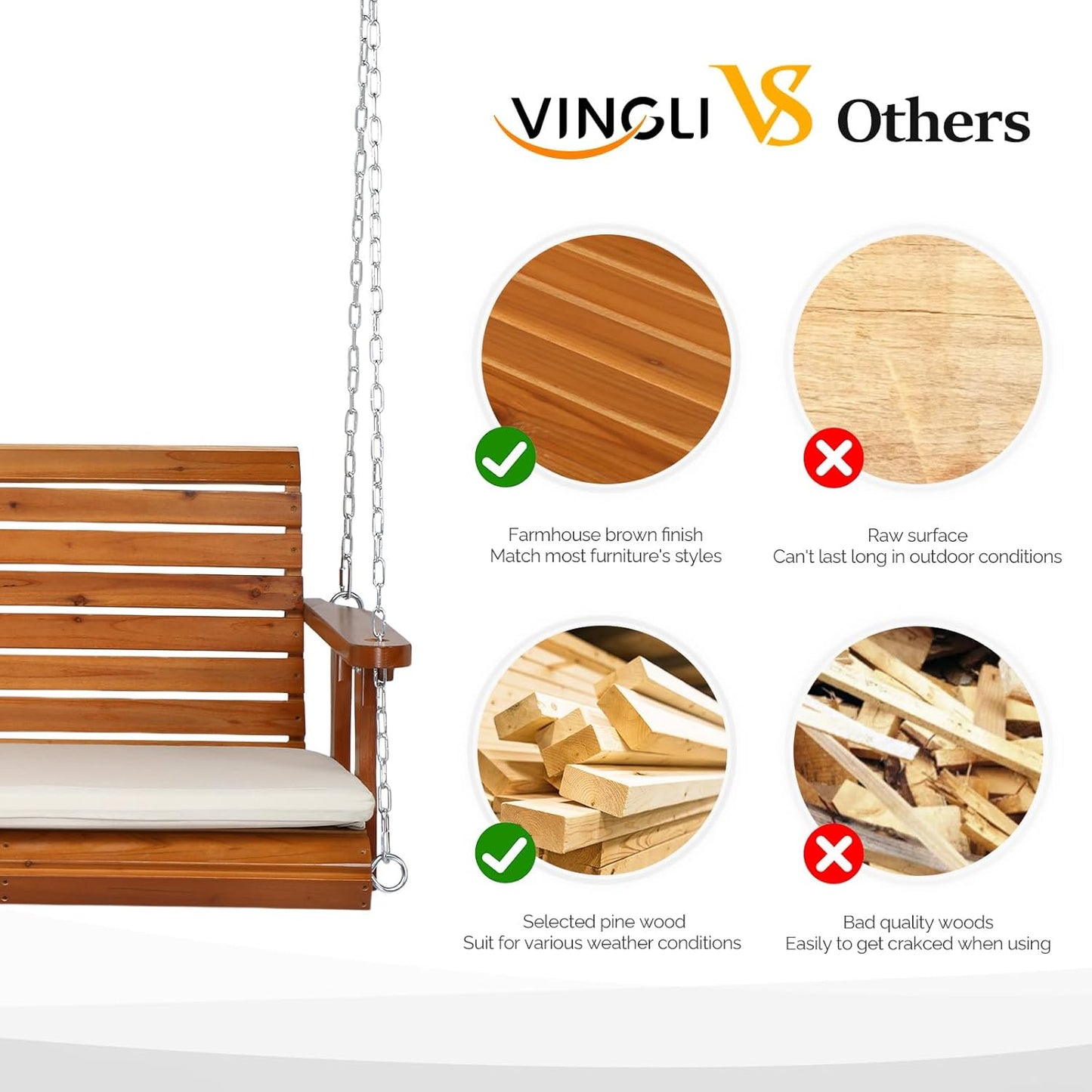 VINGLI Heavy Duty 880 LBS Patio Wooden Porch Swing Outdoor with Extra Cushion, Farmhouse Hanging Bench Tree Swing with Adjustable Chains for Yard | Garden | Lawn | Balcony (5 FT, Brown)