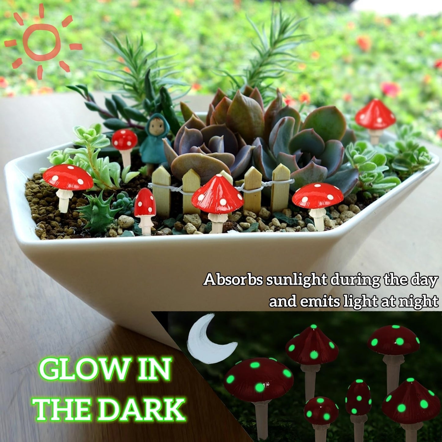 Juegoal Set of 6 Fairy Garden Miniature Mushrooms Statues, Glow in Dark Mini Red Mushroom Resin Figurines, Outdoor Garden Yard Art Accessories, Fly Agarics Sculpture Lawn Ornament Decorations