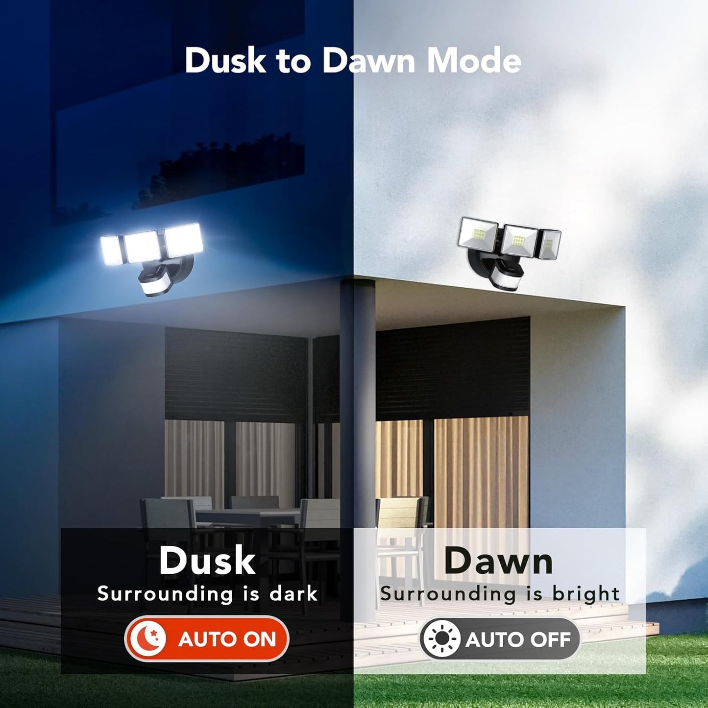 OREiN 2 Pack Motion Sensor Outdoor Lights, 3500LM/26W and 240° Big Motion Sensor, Dusk to Dawn Flood Lights Outdoor IP65 Waterproof 3 Modes LED Security Light for Front Door, Yard, Black (Hardwired)