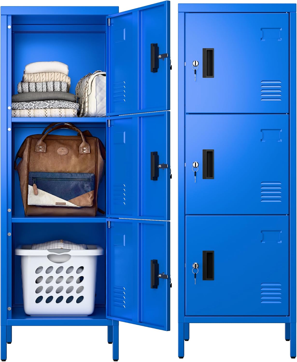 METAN Metal Storage Employees Locker with 3 Lockable Doors,47''H*16''W*16''D Locking Storage Cabinets for Small Spaces,Home,School,Gym,Assembly Required,Blue