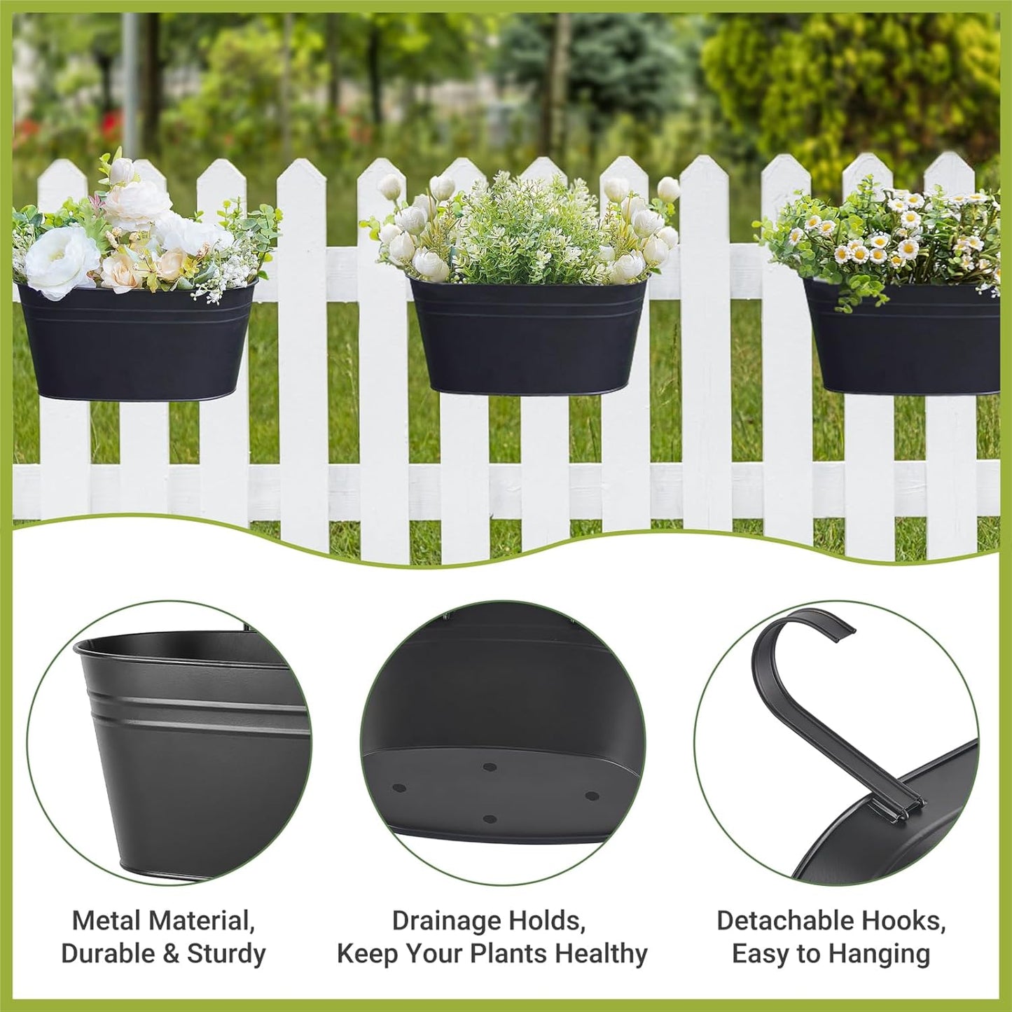 Dahey Metal Iron Hanging Flower Pots for Railing Fence Hanging Bucket Pots Countryside Style Window Flower Plant Holder with Detachable Hooks Home Decor,Black,5 Pcs