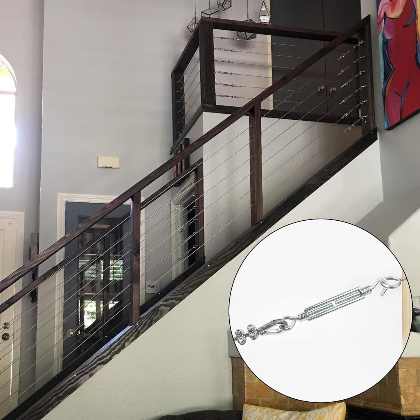 M6 Turnbuckles for Cables Wire Kit, 3/16" PVC Coated Steel Cable Kit w/ 7×7 Strand Core & 100Ft Wire Rope Tensioner Strainer for String Light Hanging/Deck Stair Railing/Shade Sail/Clothes Line