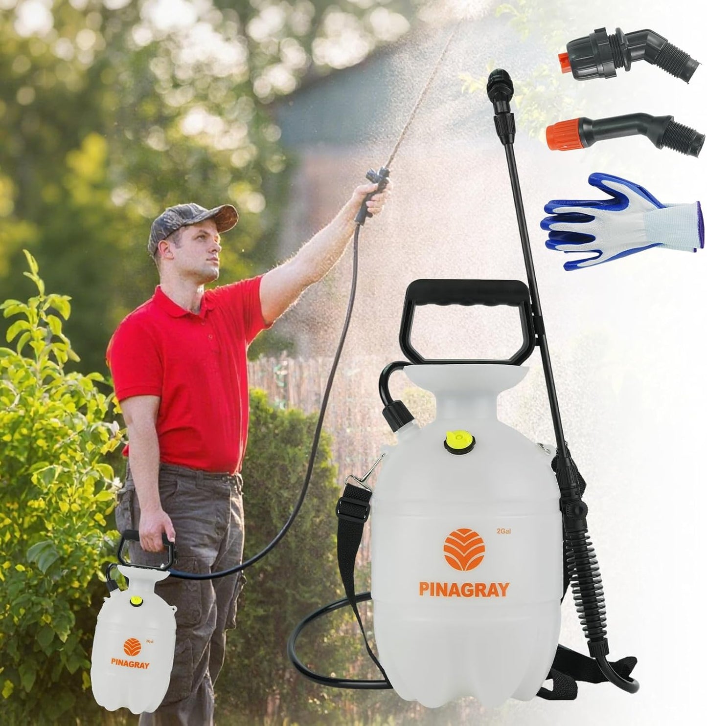 2Gallon/7.56L Pressure Sprayer - Multi-Use Pump Mister for Garden, Lawn & Home with 2 Nozzles, Shoulder Strap & Gloves - Ideal as Weed, Plant & Water Sprayer
