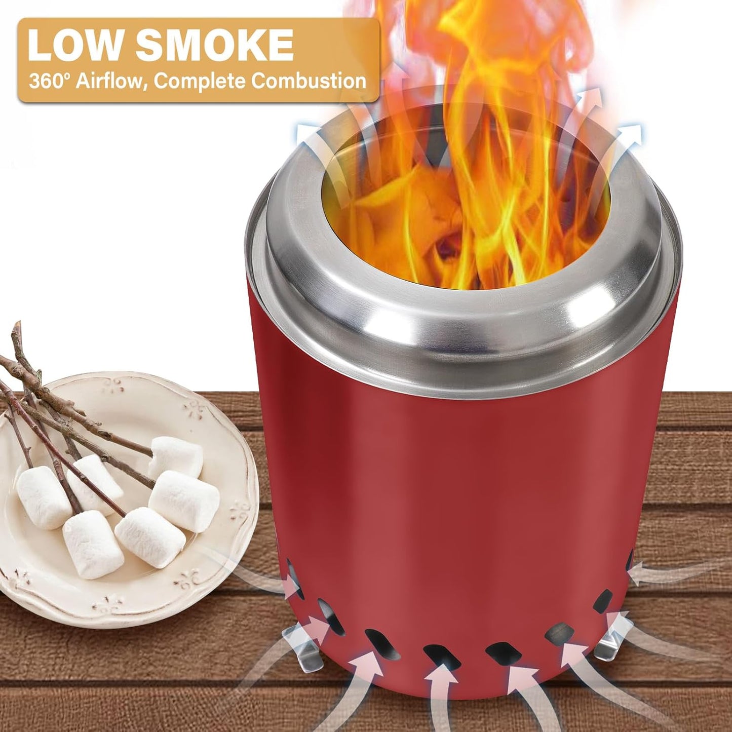 HGD Small Tabletop Fire Pit, Smokeless Table Top Firepit Outdoor, Portable Mini Stove with Carry Bag for Camping Backyard Patio Garden Picnic, Fueled by Pellets or Wood, Stainless Steel, Red