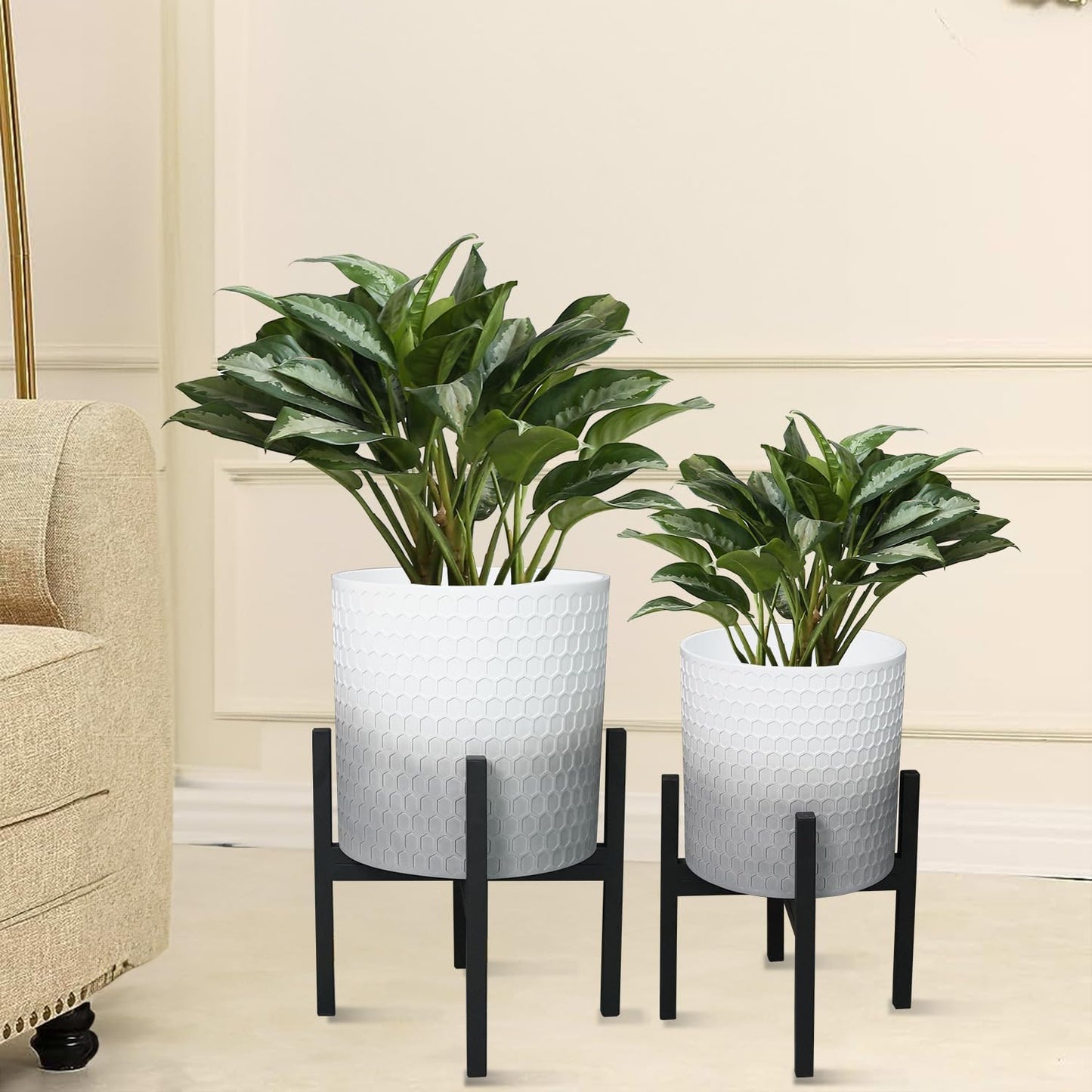 10 & 12 Inches Planters with Metal Sand for Indoor Plants Set of 2,Decorative Plant Pots with Holder, Outdoor Flower Pots with Legs, Modern Garden Pot with Drainage Holes for Snake Plant, House plants
